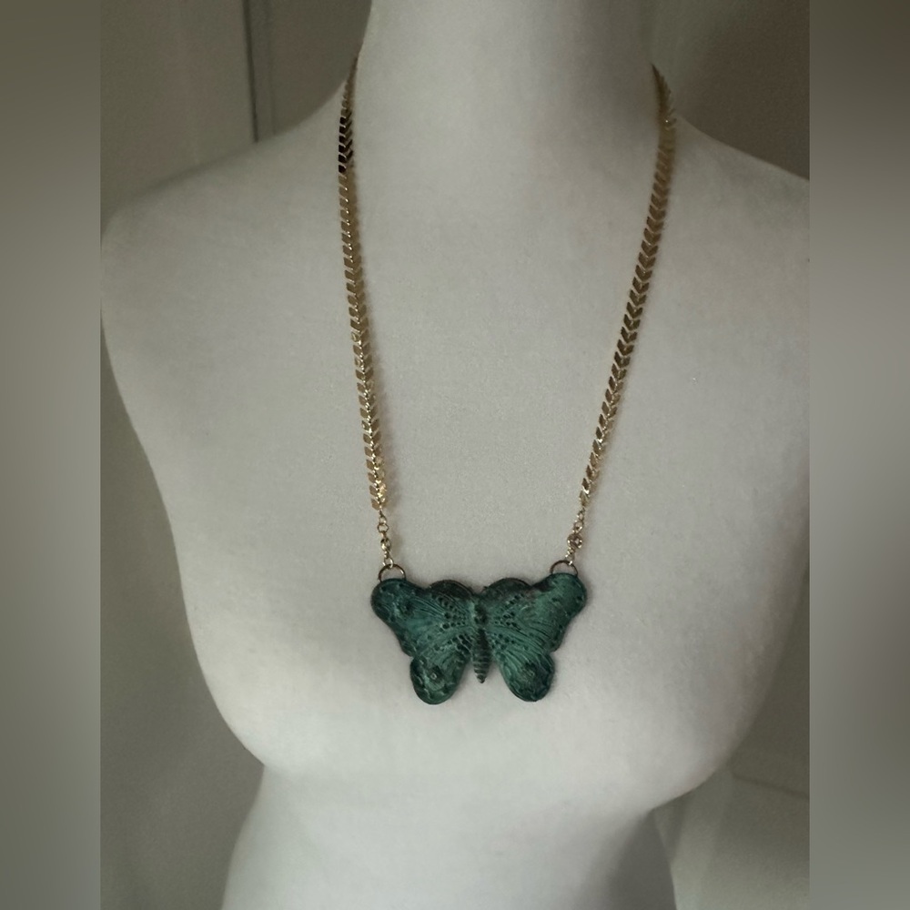 Highway Hippie Gold Chain Necklace with Green Butterfly Pendant